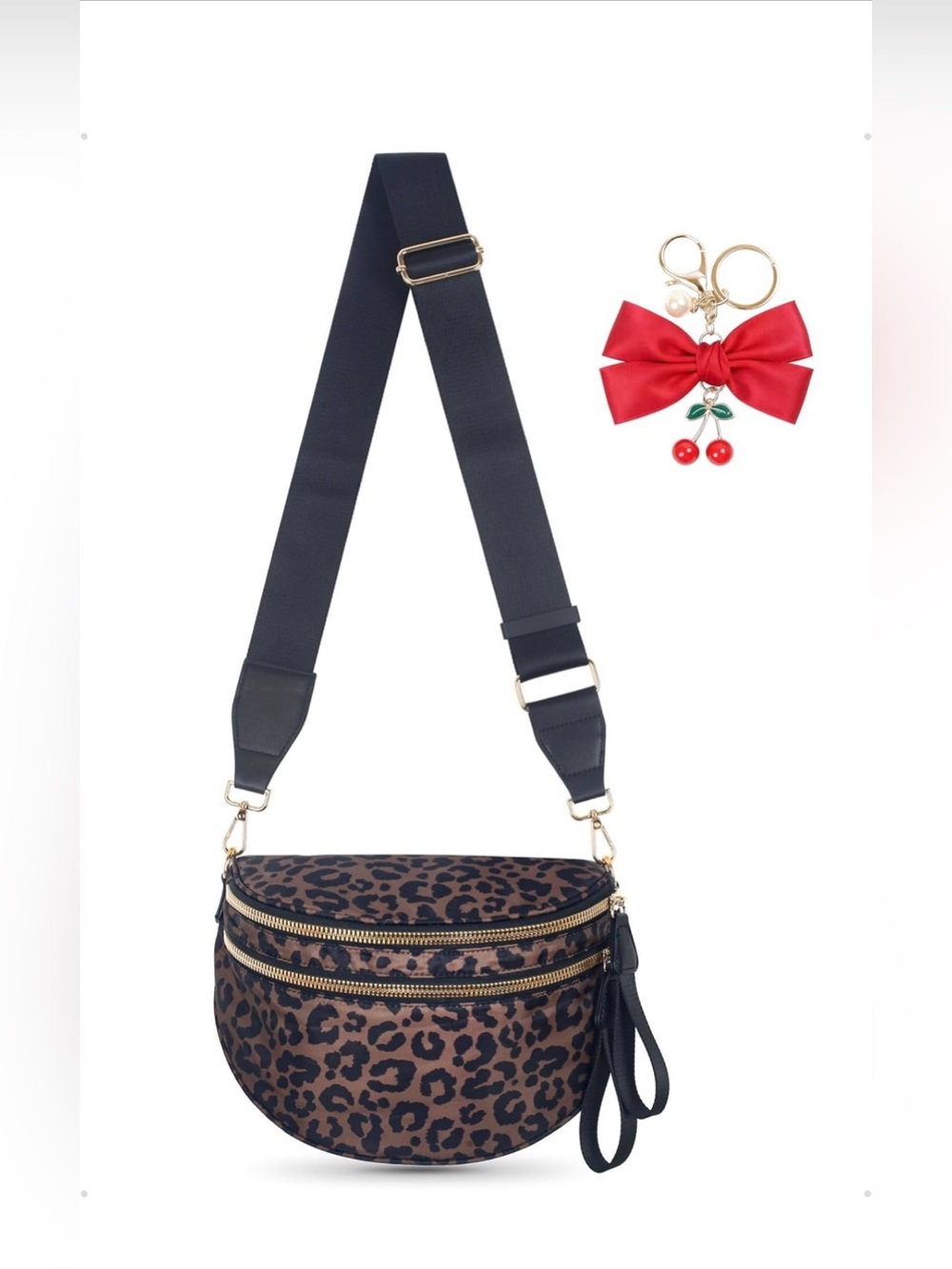 Leopard Print Crossbody Bag with Black Strap and Red Bow Charm